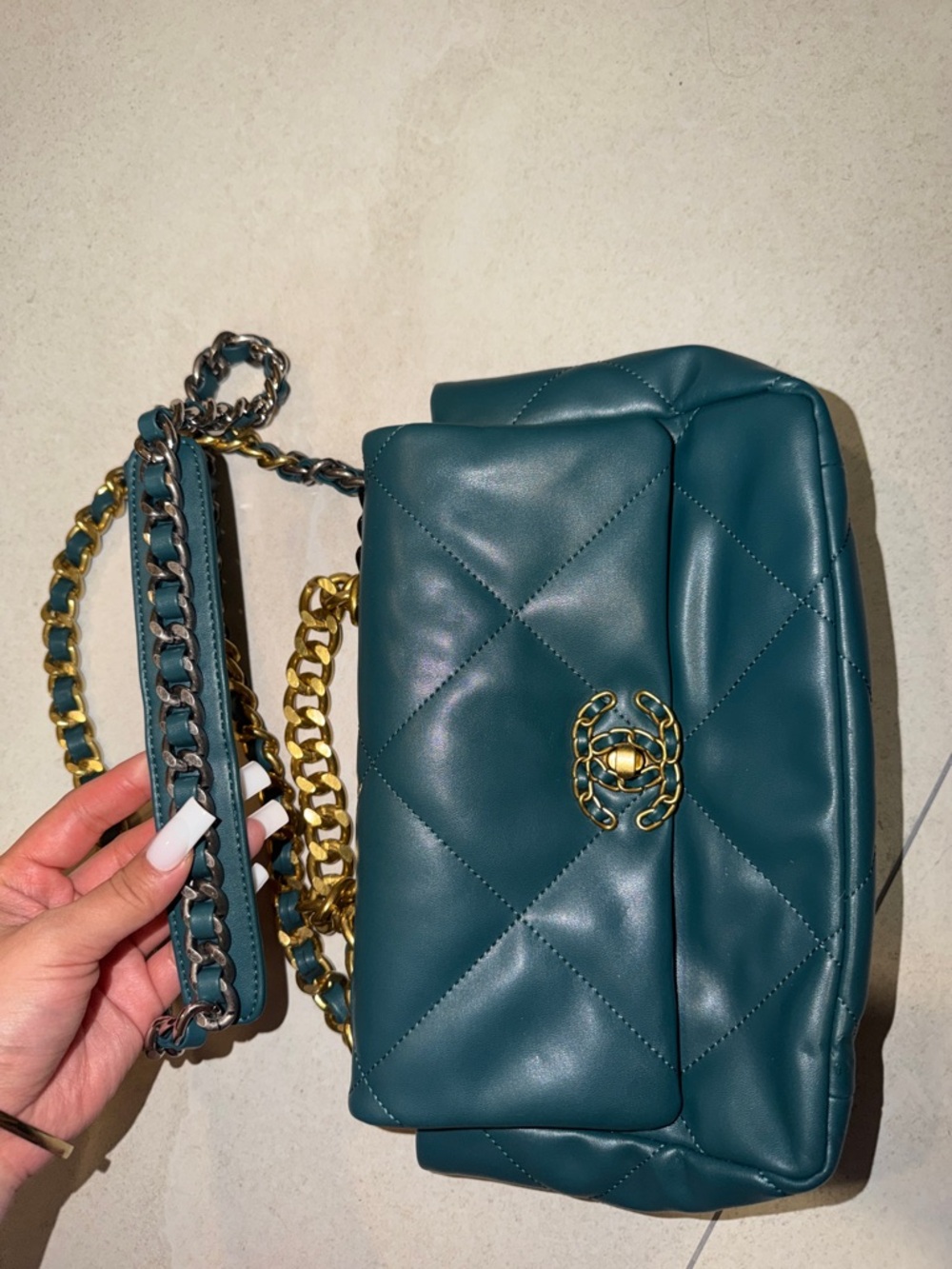CHANEL Quilted Teal Shoulder Bag with Gold Chain